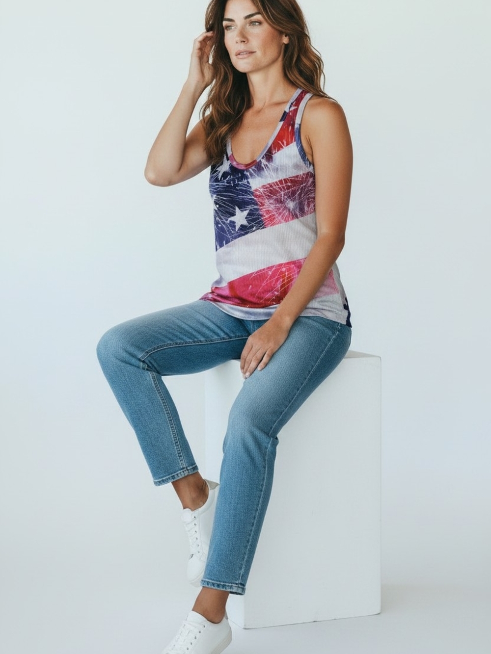 White Graphic Tank Top with American Flag Print 4th of July Tank Top Large